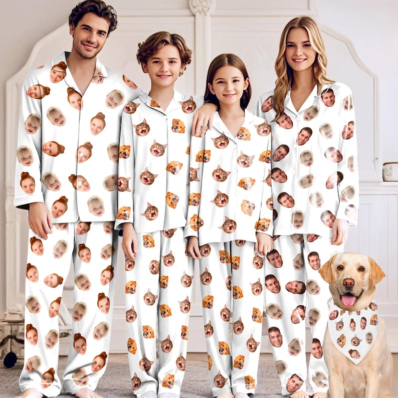 Personalized Pajama Set,Custom Face or Pet Photo Pajamas,Family Pj Pants,Couples Pjs