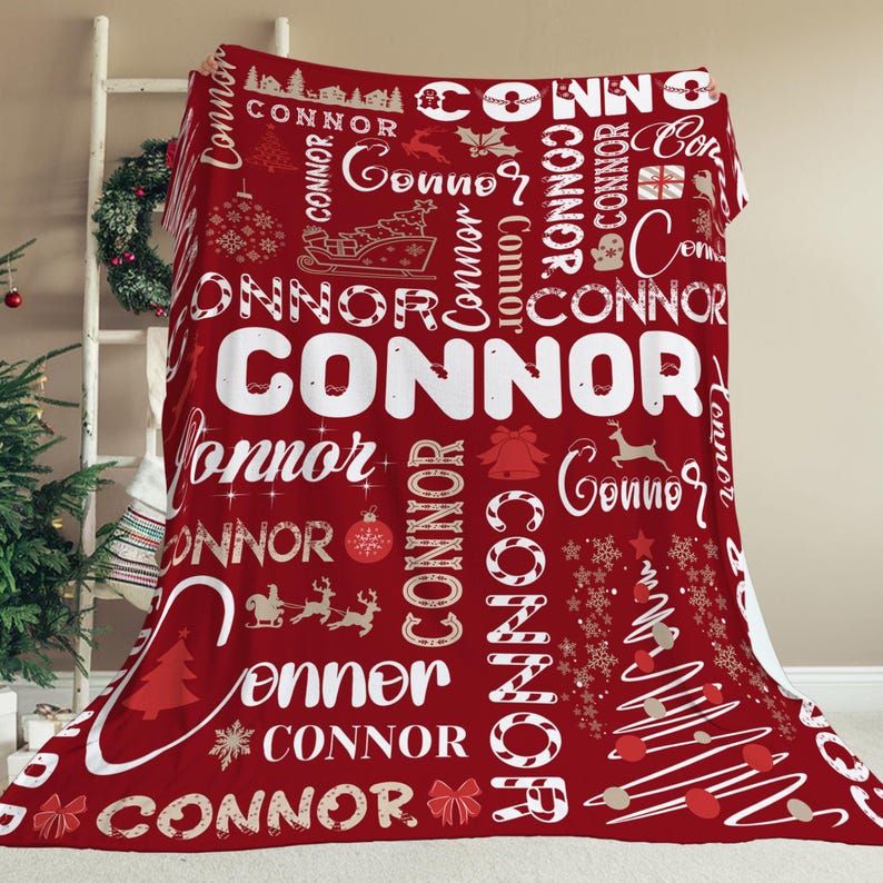 Personalized Christmas Blanket | Custom Name Throw Blanket | Fleece Kids Holiday Decor Gift | Baby Name with Christmas Tree | Cozy Family