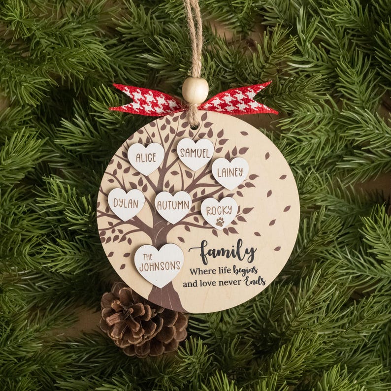 Personalized Family Tree Ornament, Family Gift, Christmas Decor, Wood Ornaments, Personalized Xmas, Holiday Decor, Personalized Gifts