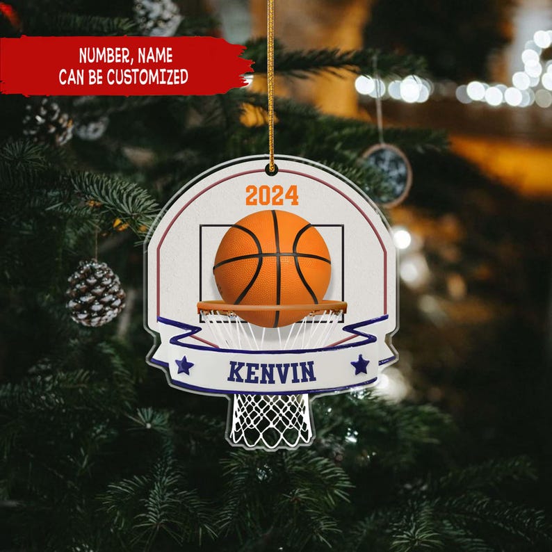 Personalized Basketball Acrylic Christmas Ornament, Basketball Hoop Xmas 2D Flat Ornament, Custom Sport Keepsake, Gift For Basketball Lover
