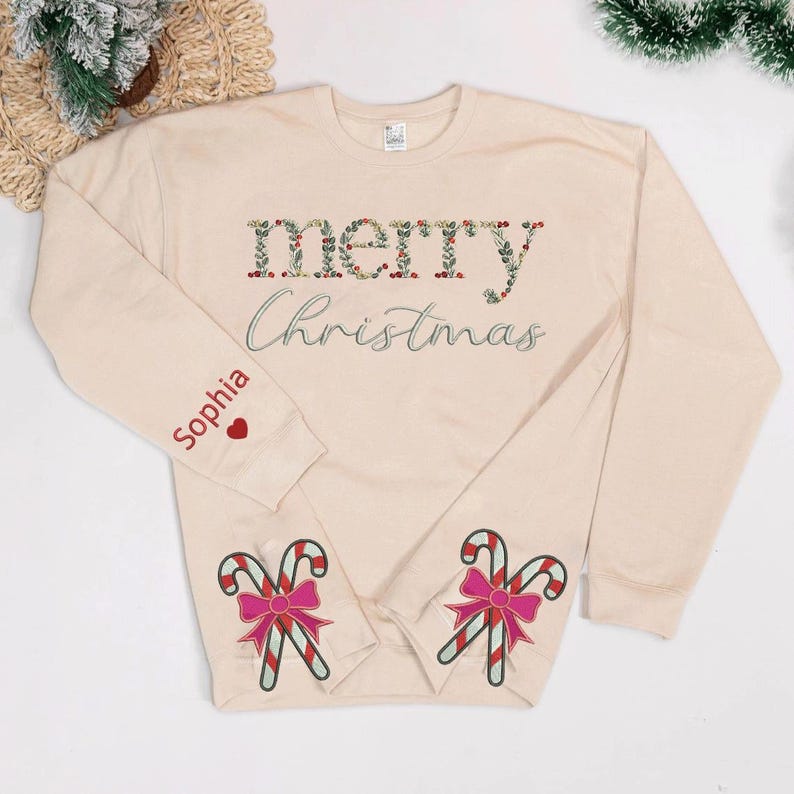 Embroidered Floral Merry Christmas Sweatshirt, Side Bow Applique Sweatshirt, Embroidered Bow Sweatshirt, Merry Christmas Embroidery