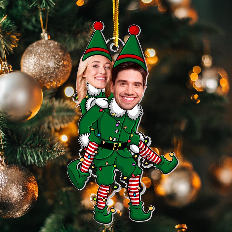 Personalized Couple Funny Elf Photo Ornament, Custom Funny Face For Husband Wife, Photo Gift For Valentine Christmas Anniversary Wedding