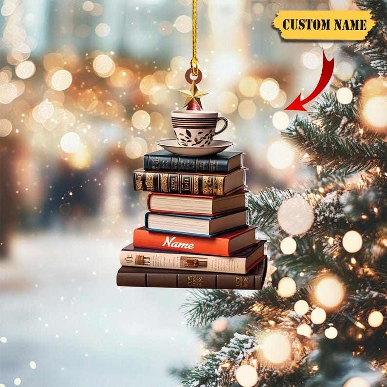 Personalized Books And Coffee Ornament, Bookshelf Ornament, Gift for Book Lovers, Book Lover Christmas Ornament Bookaholic Book Fan Ornament