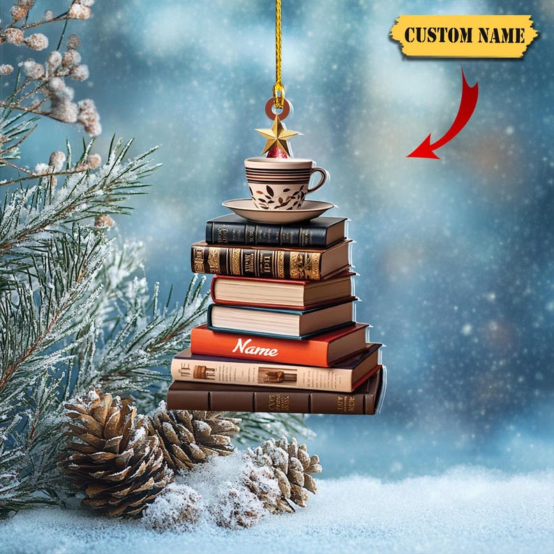 Personalized Books And Coffee Ornament, Bookshelf Ornament, Gift for Book Lovers, Book Lover Christmas Ornament Bookaholic Book Fan Ornament