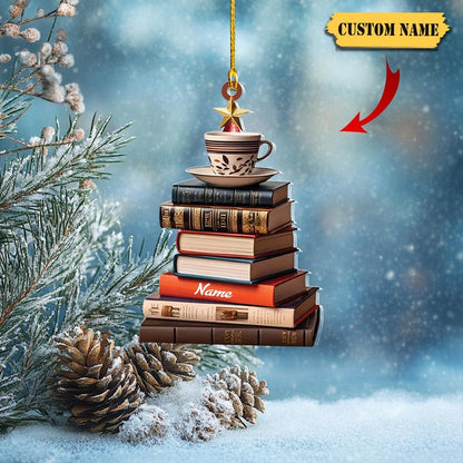 Personalized Books And Coffee Ornament, Bookshelf Ornament, Gift for Book Lovers, Book Lover Christmas Ornament Bookaholic Book Fan Ornament
