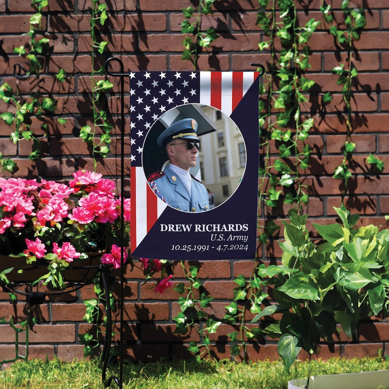 Veteran Memorial Garden Flag | US Army Veteran Yard Flag | Veteran Remembrance Flag with Photo | American Memorial Flag | Military Memorial