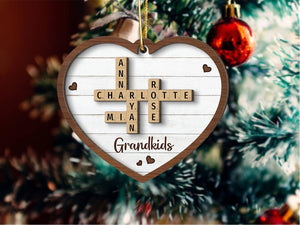 Grandkids Crossword Puzzle Art Personalized Wooden Ornament, Christmas Gift For Grandma, Gift For Mom, Keepsake Xmas, Grandkids Ornament