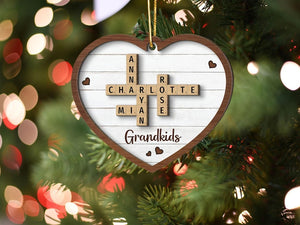 Grandkids Crossword Puzzle Art Personalized Wooden Ornament, Christmas Gift For Grandma, Gift For Mom, Keepsake Xmas, Grandkids Ornament