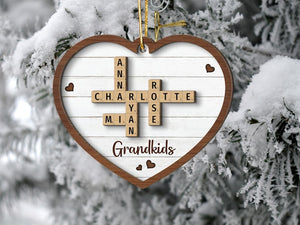 Grandkids Crossword Puzzle Art Personalized Wooden Ornament, Christmas Gift For Grandma, Gift For Mom, Keepsake Xmas, Grandkids Ornament