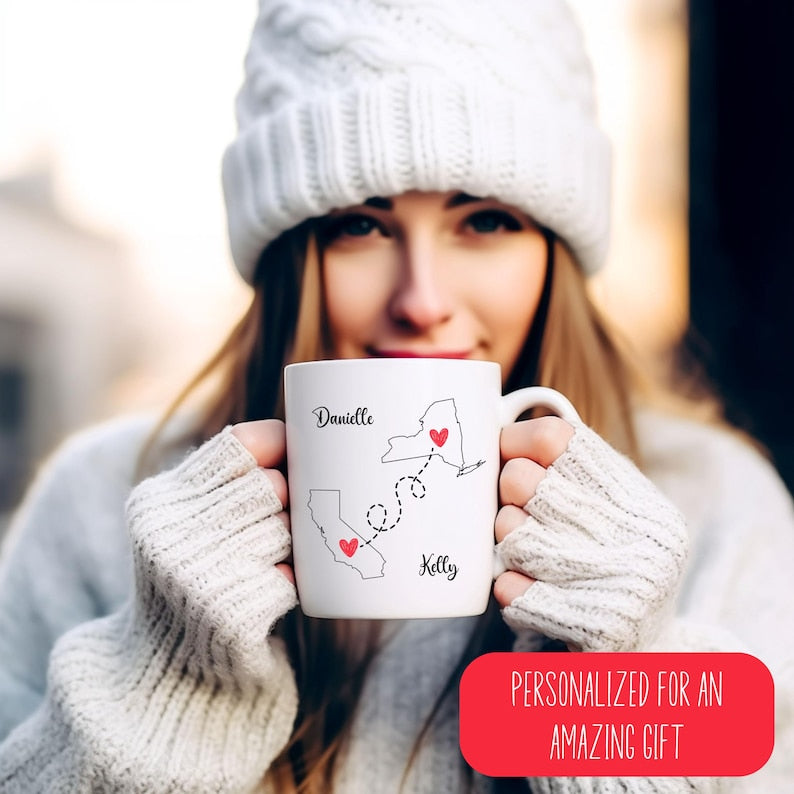 Personalized Best Friend Mug Gift For Her, Missing You Gift For Mom, Going Away Present, State To State Custom Long Distance Christmas Gift