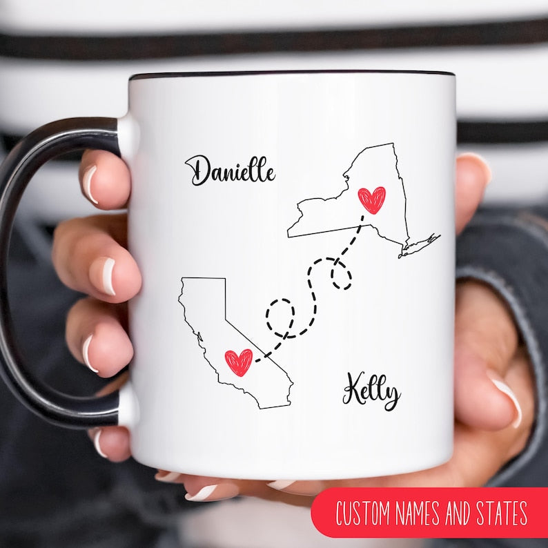 Personalized Best Friend Mug Gift For Her, Missing You Gift For Mom, Going Away Present, State To State Custom Long Distance Christmas Gift
