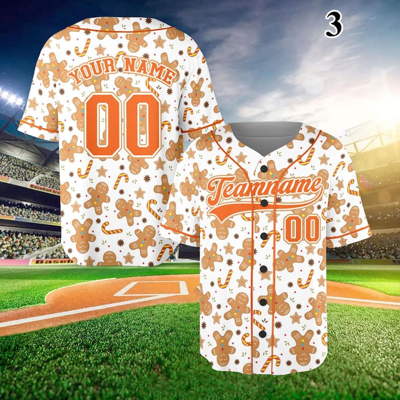 Personalized Christmas Gingerbread Pattern Baseball Jersey, Custom Name Number Christmas Jersey, Xmas Holiday Jersey,Christmas Baseball Team