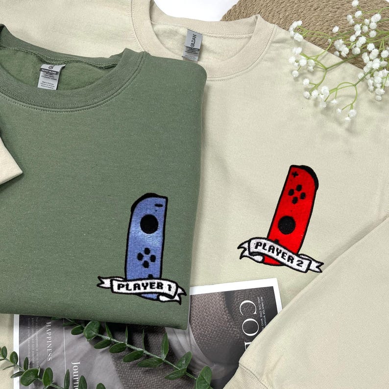 Matching Couple Sweatshirt with Player 1 and Player 2 Embroidery, Couple Crewneck, Personalized Anniversary Shirt, First Year Anniversary