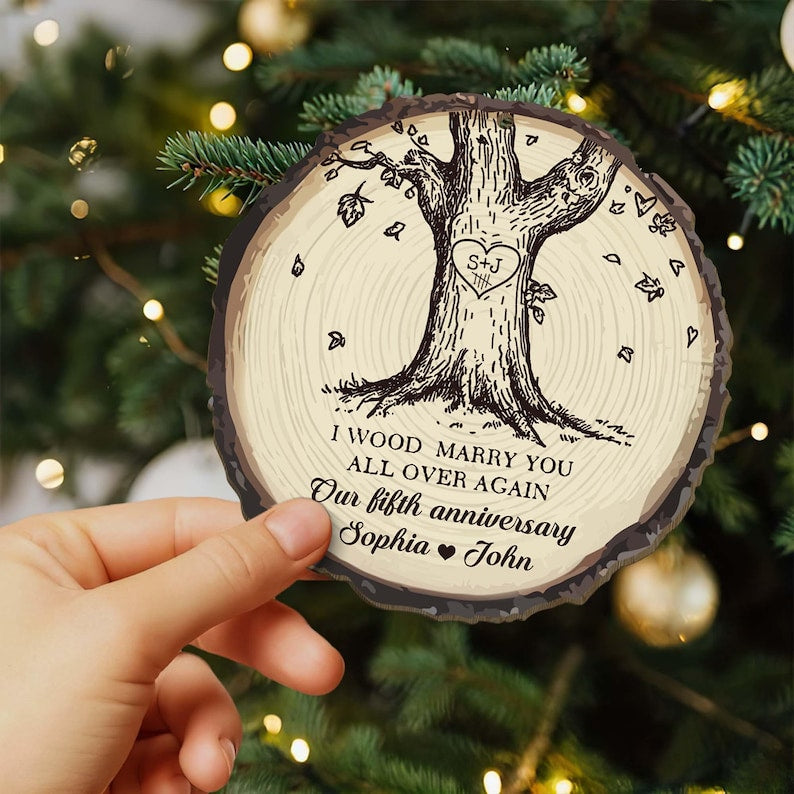 Custom Wood Anniversary Wedding Ornament I Wood Marry You All Over Again Ornament 5th Anniversary Christmas Wood Ornament Gift for Couples
