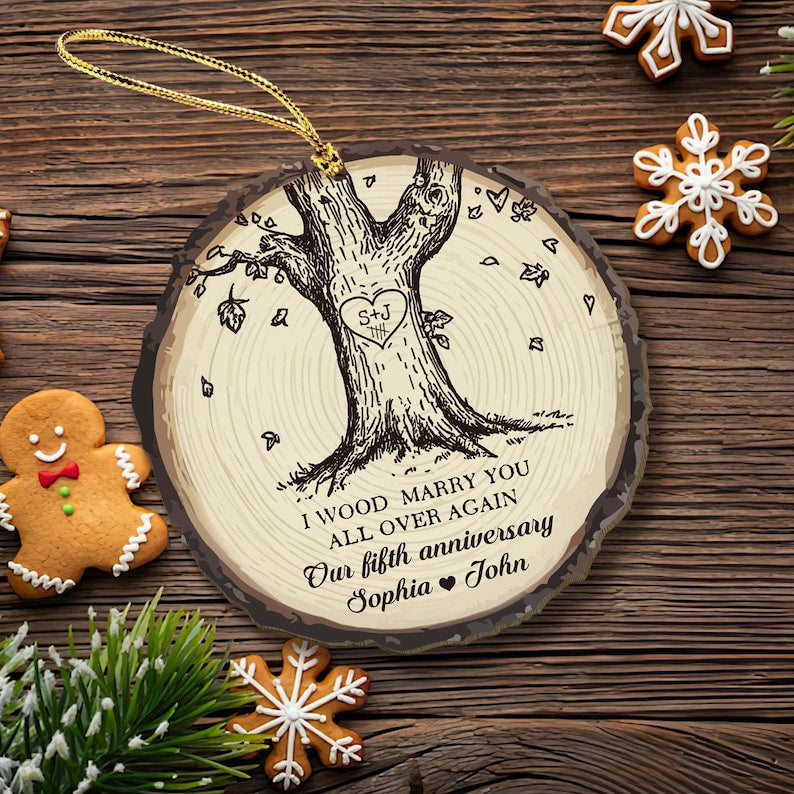 Custom Wood Anniversary Wedding Ornament I Wood Marry You All Over Again Ornament 5th Anniversary Christmas Wood Ornament Gift for Couples
