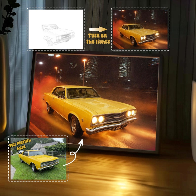 Customizable Car Photo Art Frame Light, Personalized Car Portrait Light Painting, Car Illustration, Gift for Boyfriend, Car Frame Light