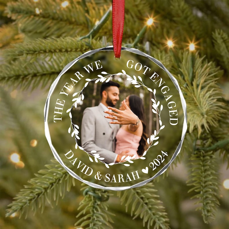 Personalized Just Engaged Photo Christmas Ornament,Year We Got Engaged Keepsake,Custom Photo 1st Xmas Engagement Ornaments Gifts For Couples