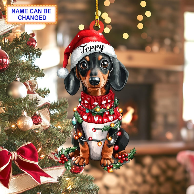 Custom Name Cute Dachshund Dog Christmas Lights Personalized Ornament, Christmas Tree Hanging Decor, Christmas Ornament, Flat 2D Ornament