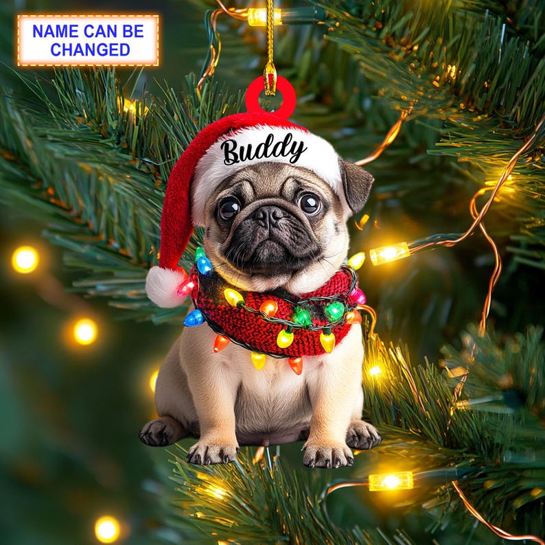 Custom Name Cute Sitting Pug Dog with Santa Hat Christmas Ornament, Christmas Tree Hanging Decor, Christmas Ornament, Flat 2D Ornament