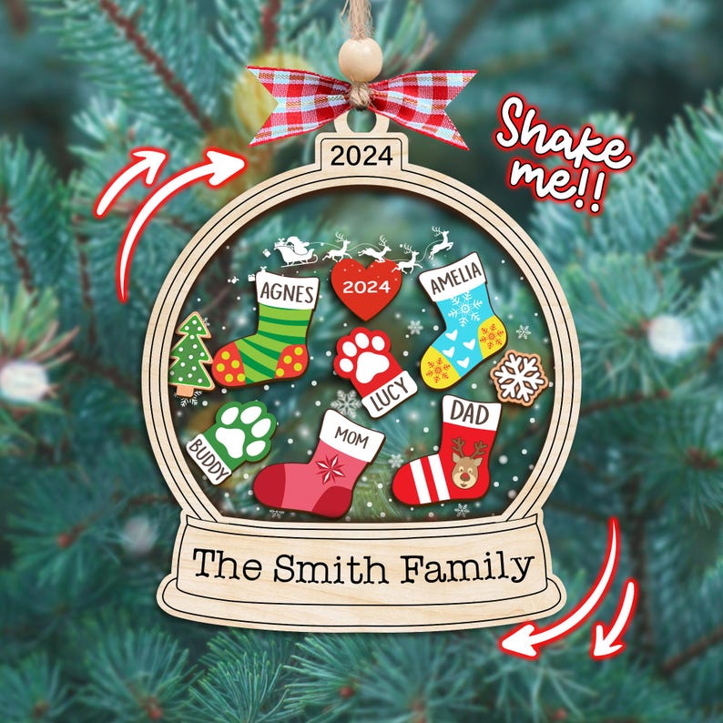 Personalized Family Stocking Ornament 2025 Christmas, Customize Family Christmas Stockings Shaker Ornament, Family and Pet Ornament Keepsake