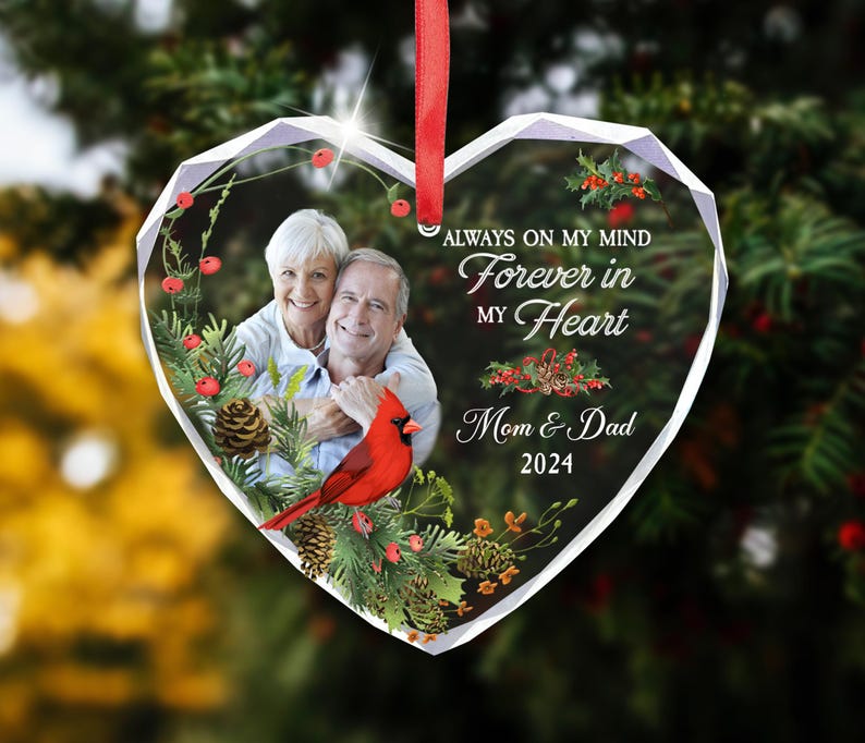 Custom Photo Memorial Heart Glass Ornament, Dad Mom Memorial Christmas Ornament, Mom Loss Ornament, Loss of Father Gift, I'm Always With You