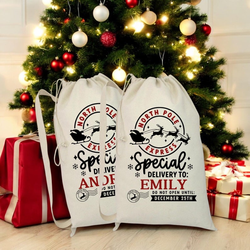 Santa Sack Personalized with Name, Gifts For Kids, Custom Christmas Gift for Kids, Personalized Christmas Sack with Strap Drawstring Closure