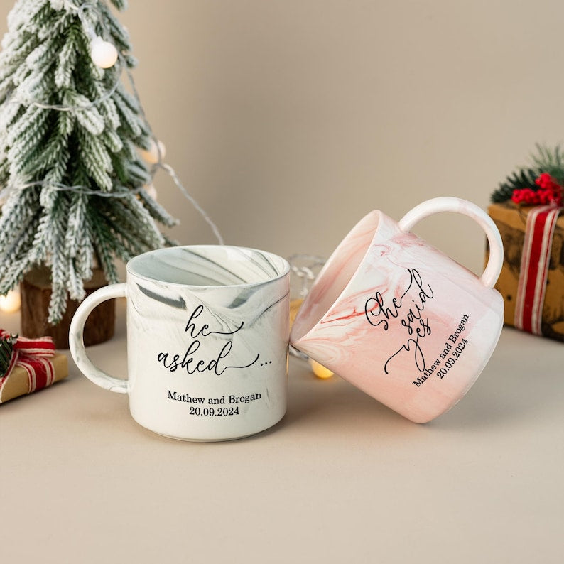 Personalised Engagement Mugs, Couple Engagement Present, Happy Engagement Gift, He Asked, She Said Yes