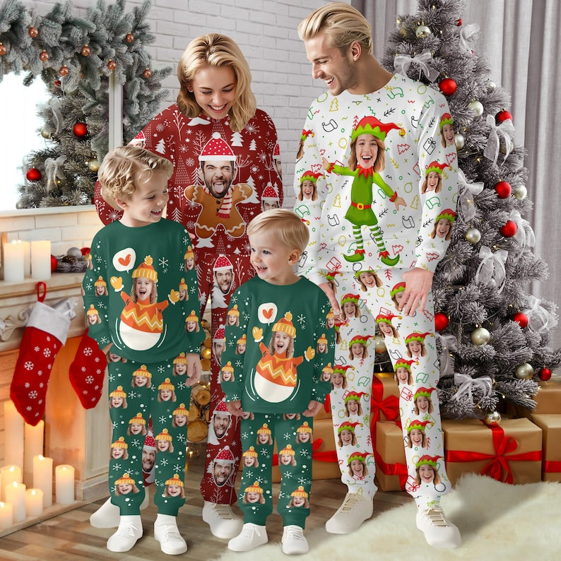 Custom Christmas Pajama Set with Face,Custom Matching Family Pajama,Personalized Photo Sleepwear Long sleeve Custom Gift for Dad Mom Kid