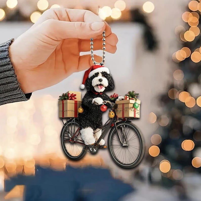 2D Flat Funny Bernedoodle Ornament, Bernedoodle Dog Riding a Bicycle, Cute Dog Car Hanging Ornament, Christmas Gifts, Dog Lover Gifts