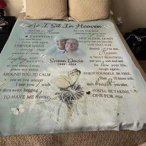 Personalized Loss Of Father Memorial Blanket, As I Sit In Heaven Blanket, In Memory of Dad Photo Memorial Blanket, Mom Dad in Heaven Blanket
