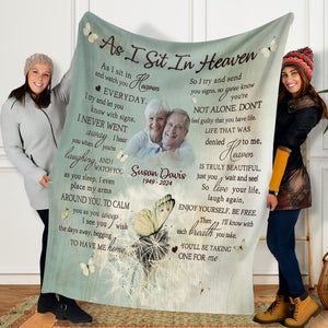 Personalized Loss Of Father Memorial Blanket, As I Sit In Heaven Blanket, In Memory of Dad Photo Memorial Blanket, Mom Dad in Heaven Blanket