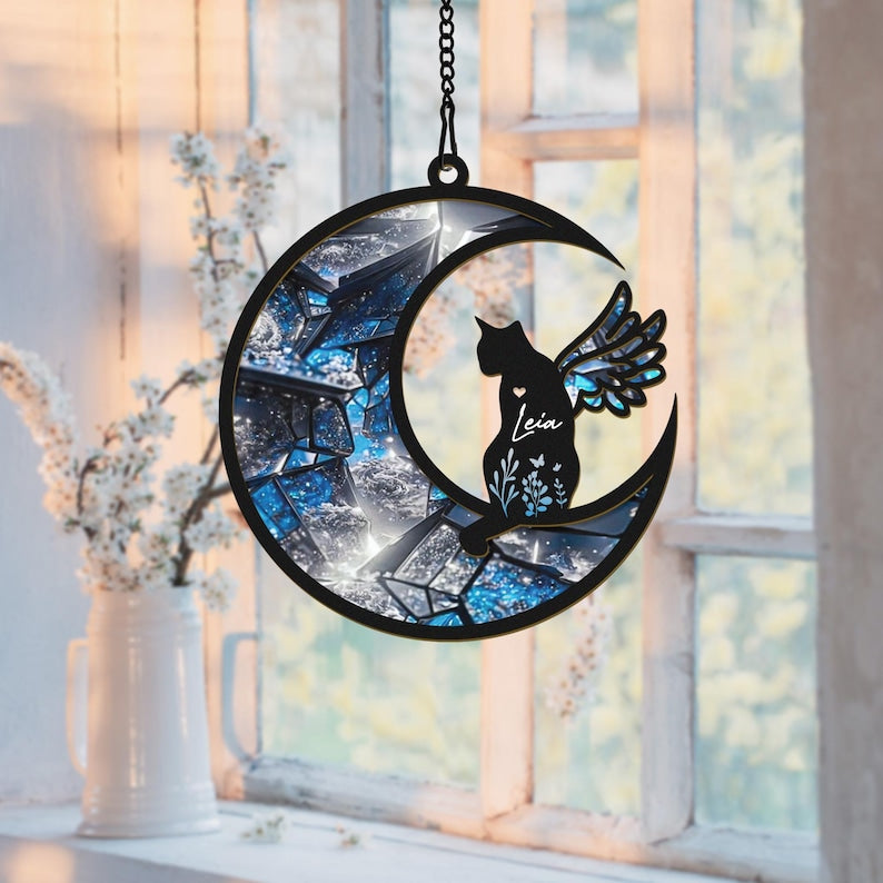 Custom Cat with Wings Suncatcher Ornament, Personalized Cat Memorial Gift, Cat Loss Sympathy Gift, Loss of Cat Remembrance Gift, Cat on Moon