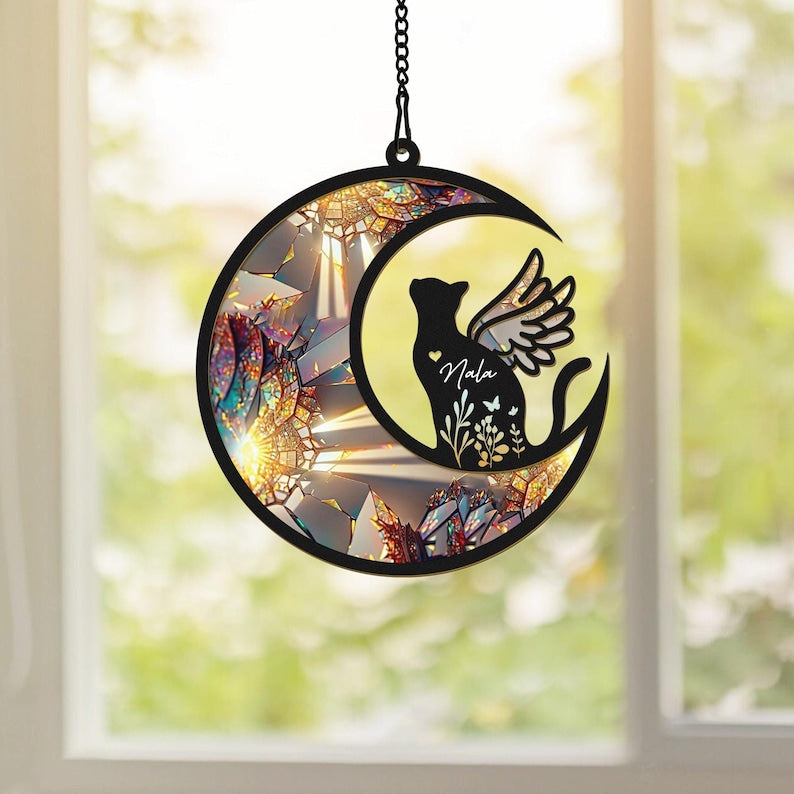 Custom Cat with Wings Suncatcher Ornament, Personalized Cat Memorial Gift, Cat Loss Sympathy Gift, Loss of Cat Remembrance Gift, Cat on Moon