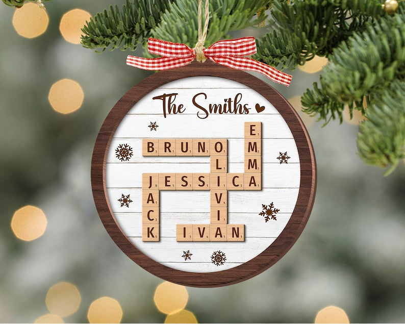 Personalized Scrabble Christmas Ornaments, Family Name Crossword Puzzle, Custom Family Christmas Ornament 2024, Christmas Gift, Xmas Decor