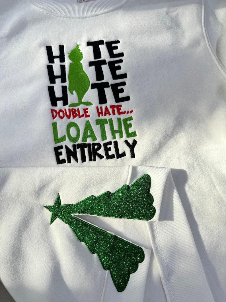Hate Hate Hate Bow Christmas Tree Side Bow Cut-Out Embroidery Sweatshirt, Custom Merry Side Bow Cut-Out Sweatshirt With Glitter, Trendy Coquette Bow