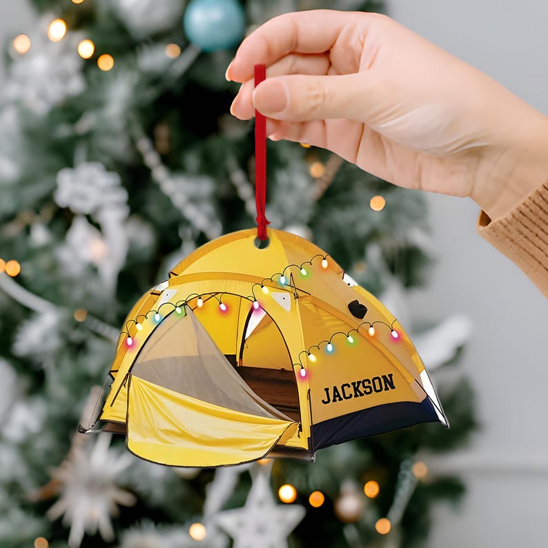 Personalized Camping Tent Shape Ornaments, Camping Flat Ornament, Camping Lover Gift, Happy Camper Ornament, Christmas Tent Flat 2D Ornament