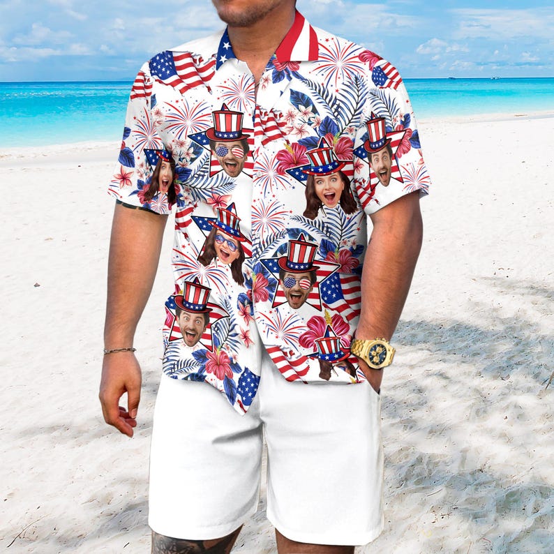 Custom Hawaiian Shirt With Face, Customized Funny 4th Of July Mens and Womens Shirts, Personalized American Flag Shirt, Custom USA Shirt