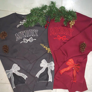 Merry Side Bow Sweatshirt, Embroidery Bow Cut-out Holiday Sweatshirt, Trendy Coquette Bow