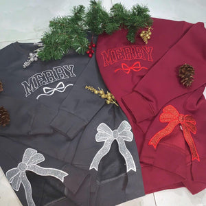 Merry Side Bow Sweatshirt, Embroidery Bow Cut-out Holiday Sweatshirt, Trendy Coquette Bow