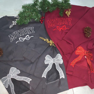 Merry Side Bow Sweatshirt, Embroidery Bow Cut-out Holiday Sweatshirt, Trendy Coquette Bow