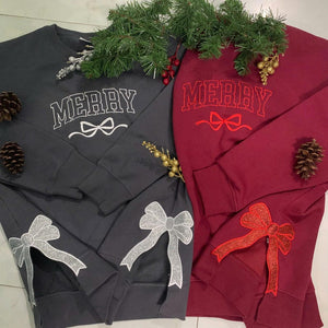 Merry Side Bow Sweatshirt, Embroidery Bow Cut-out Holiday Sweatshirt, Trendy Coquette Bow