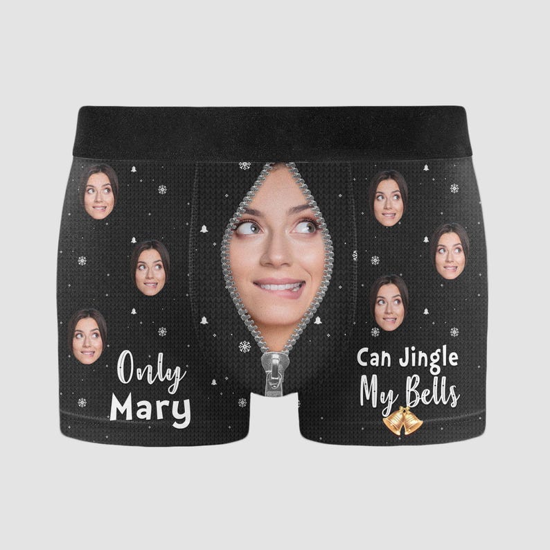 Personalized Photo Men's Boxer Briefs, Only Wife Can Jingle My Bells, Funny Underwear With Face, Photo Boxers, Christmas Gift for Him