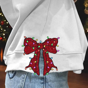 Christmas Light Side Bow Applique Side Bow Embroidery Sweatshirt, Christmas Coquette Bow Sweatshirt Seam Side Bow