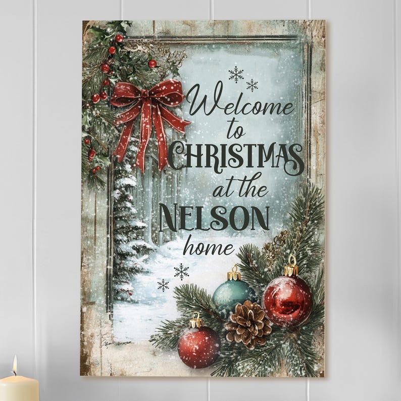 Holiday Gift Personalized Sign with Family Name - Welcome to Christmas - Home Decor, Wall Art, Seasonal Room Decorations
