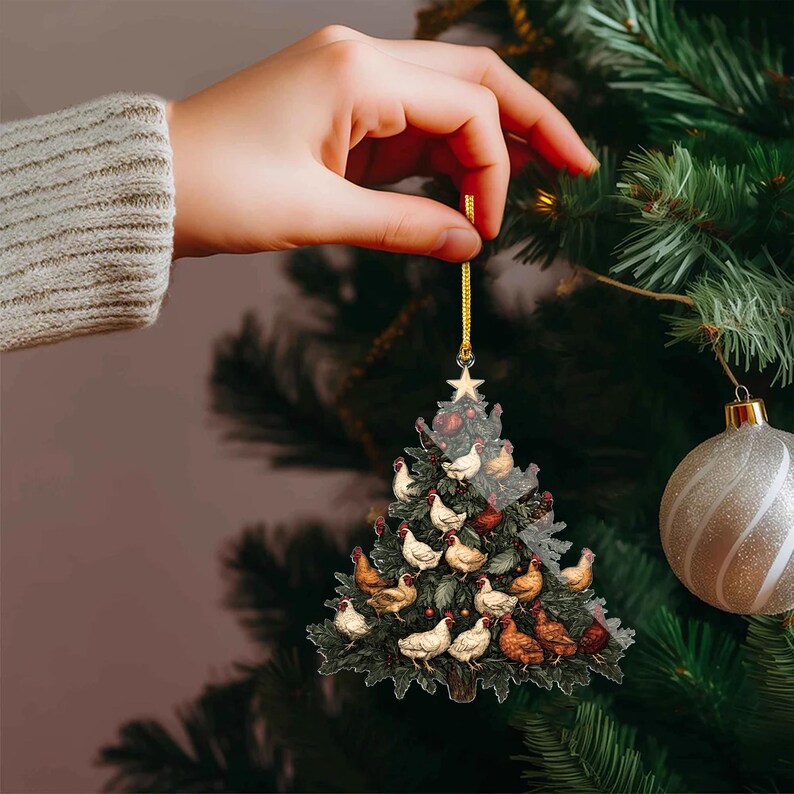 Christmas Chicken Tree Suncatcher Ornament, Christmas Tree Chicken Acrylic Window Hanging Art Decor, Xmas Farmhouse Decor for Chicken Lover