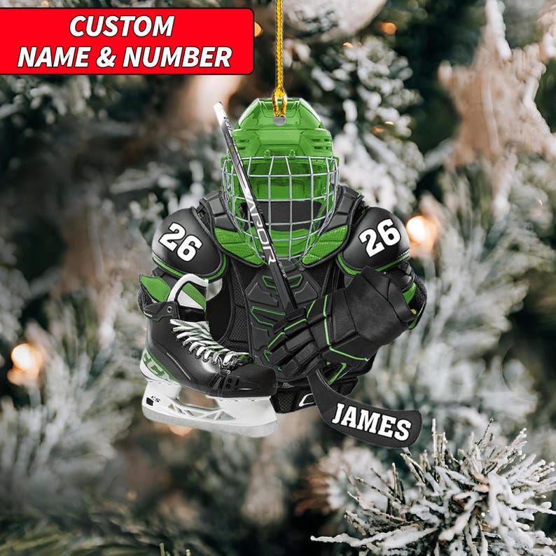 Personalized Hockey Christmas Ornament, Hockey Skates Helmet and Stick, Hockey Player Ornament, Hockey Ornaments, Gift for Hockey Lovers
