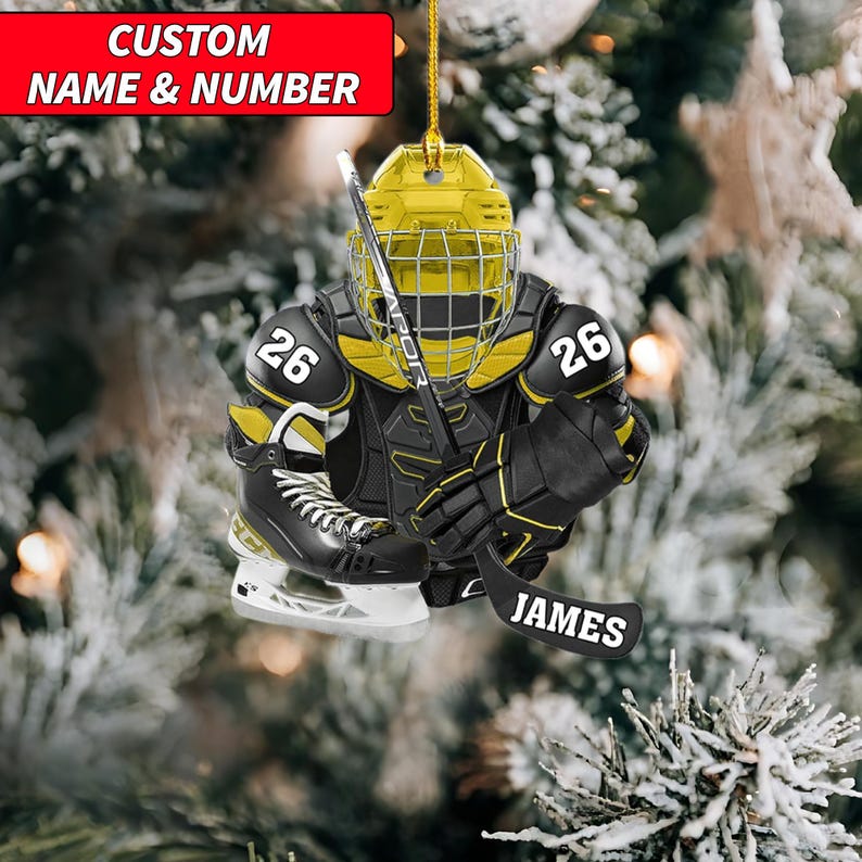 Personalized Hockey Christmas Ornament, Hockey Skates Helmet and Stick, Hockey Player Ornament, Hockey Ornaments, Gift for Hockey Lovers