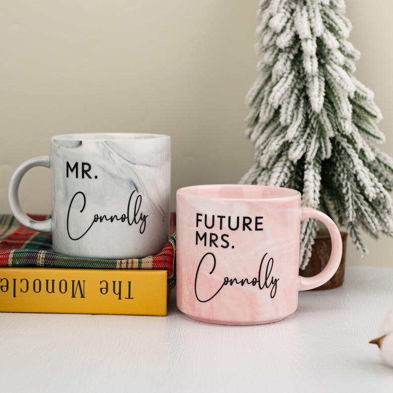 Personalised Engagement Gift, His & Hers Printed Mugs, Soon to be Mrs, One Lucky Mr, Marble Mugs, Bride To Be Mug