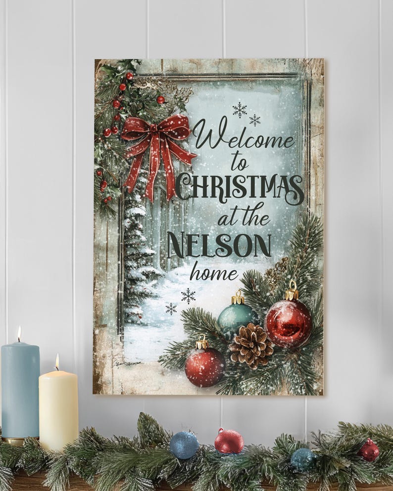 Holiday Gift Personalized Sign with Family Name - Welcome to Christmas - Home Decor, Wall Art, Seasonal Room Decorations
