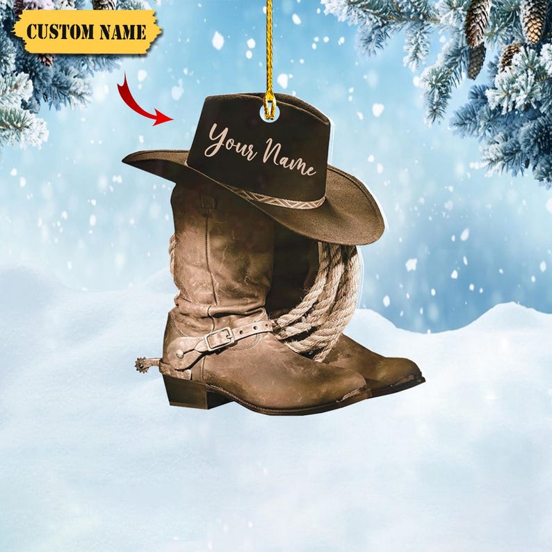 Podagree Personalized Cowboy Boots and Hat Christmas Ornament for Cowboy, Cowboy Cowgirl Horseback Riding Ornament, Horse Racing Ornament